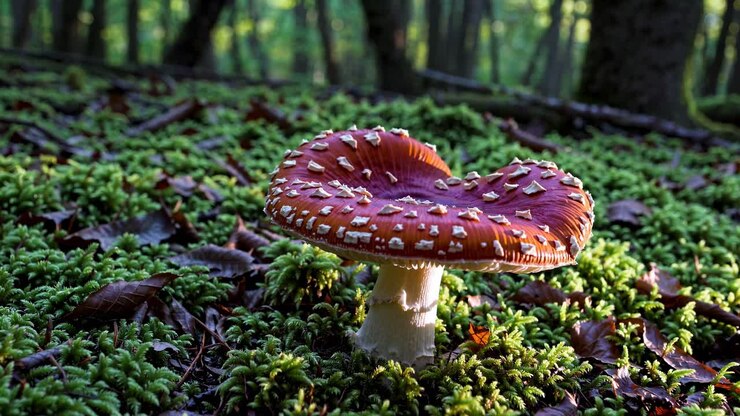 Low-angle shot of a mushroom in a lush forest, capturing the serene, natural ambiance