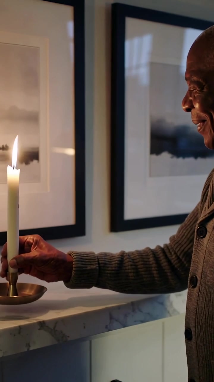 Vertical video: Holding lit taper man placing brass cup on mantel to view flame, sweater
