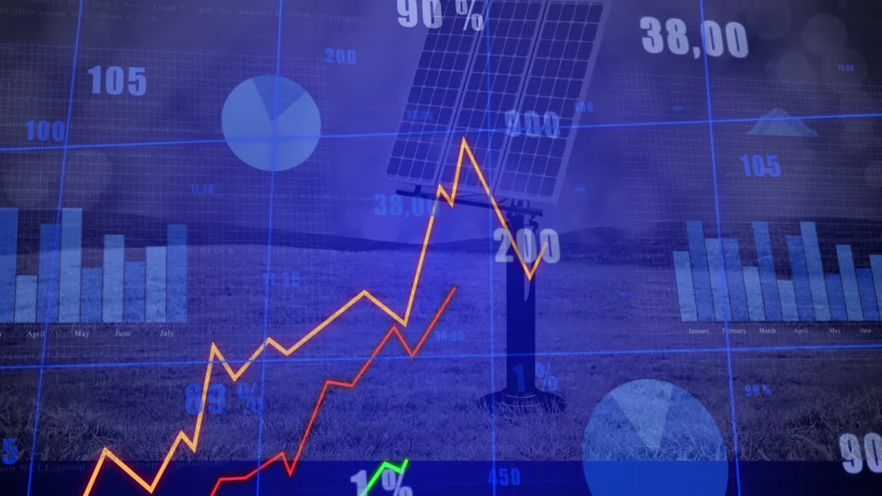 3D solar panel standing on post showing digital line graphs and bar charts overlaying grassy hills