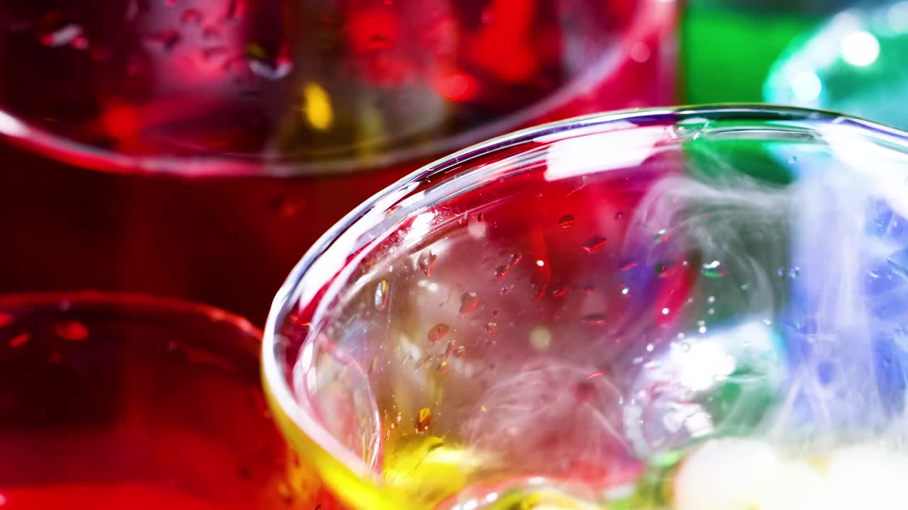 Close-up of swirling smoke and colorful liquids in laboratory glassware, showcasing dynamic chemical interactions.