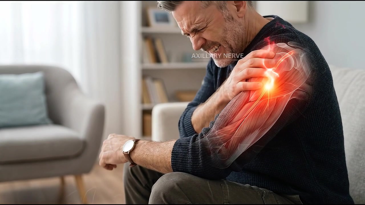 Uomo con dolore alla spalla e sovrapposizione dell'anatomia del nervo ascellare.