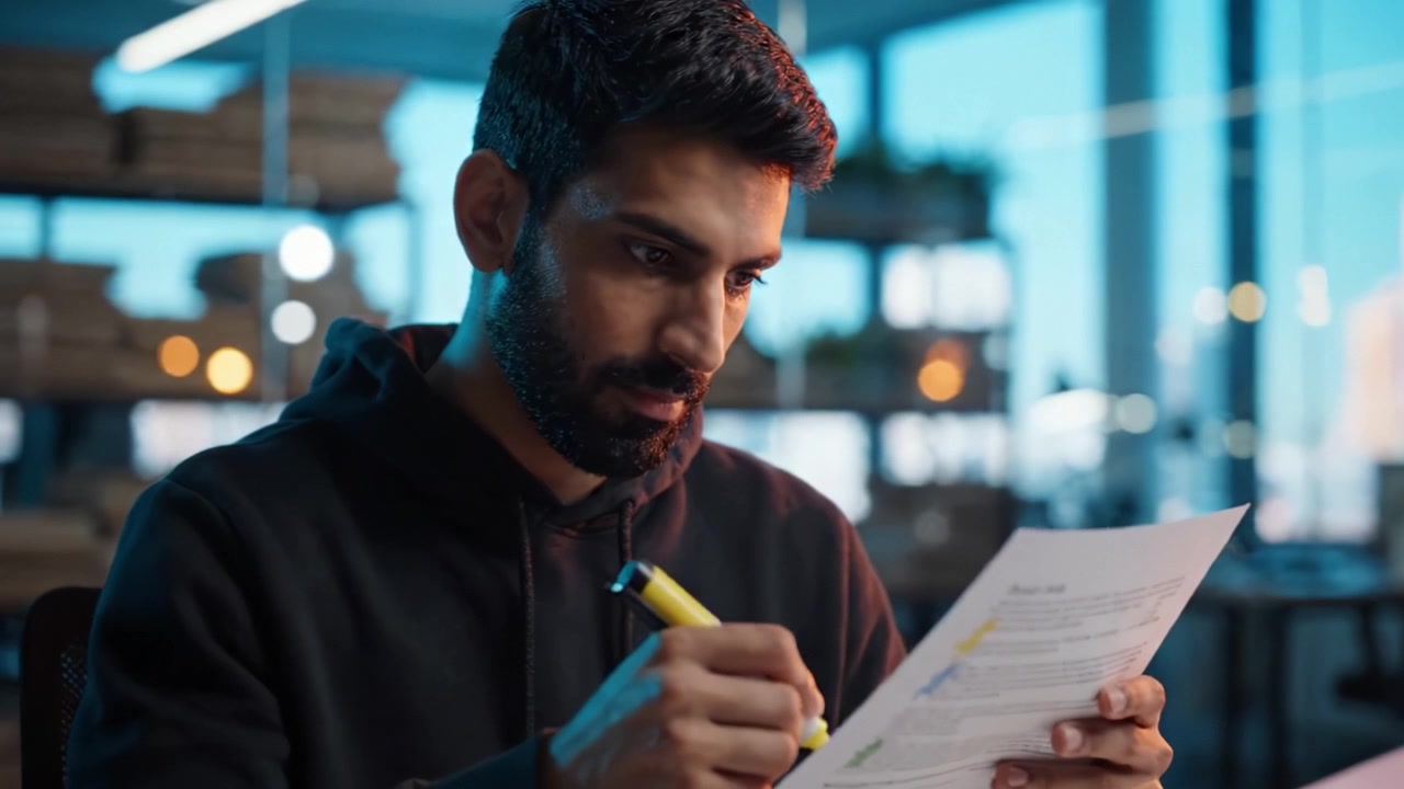Focused Individual Analyzing Printed Documents with a Highlighter in a Modern Office Environment, Engaged in Important Work and Deep Concentration
