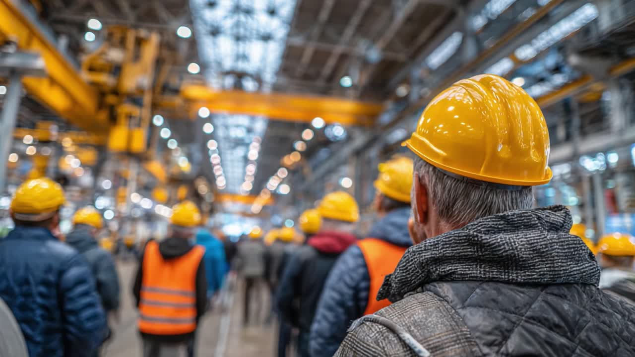 Workers in Hard Hats Attend Safety Briefing in a Large Industrial Facility, Focusing on Workplace Safety and Team Preparedness for Upcoming Tasks