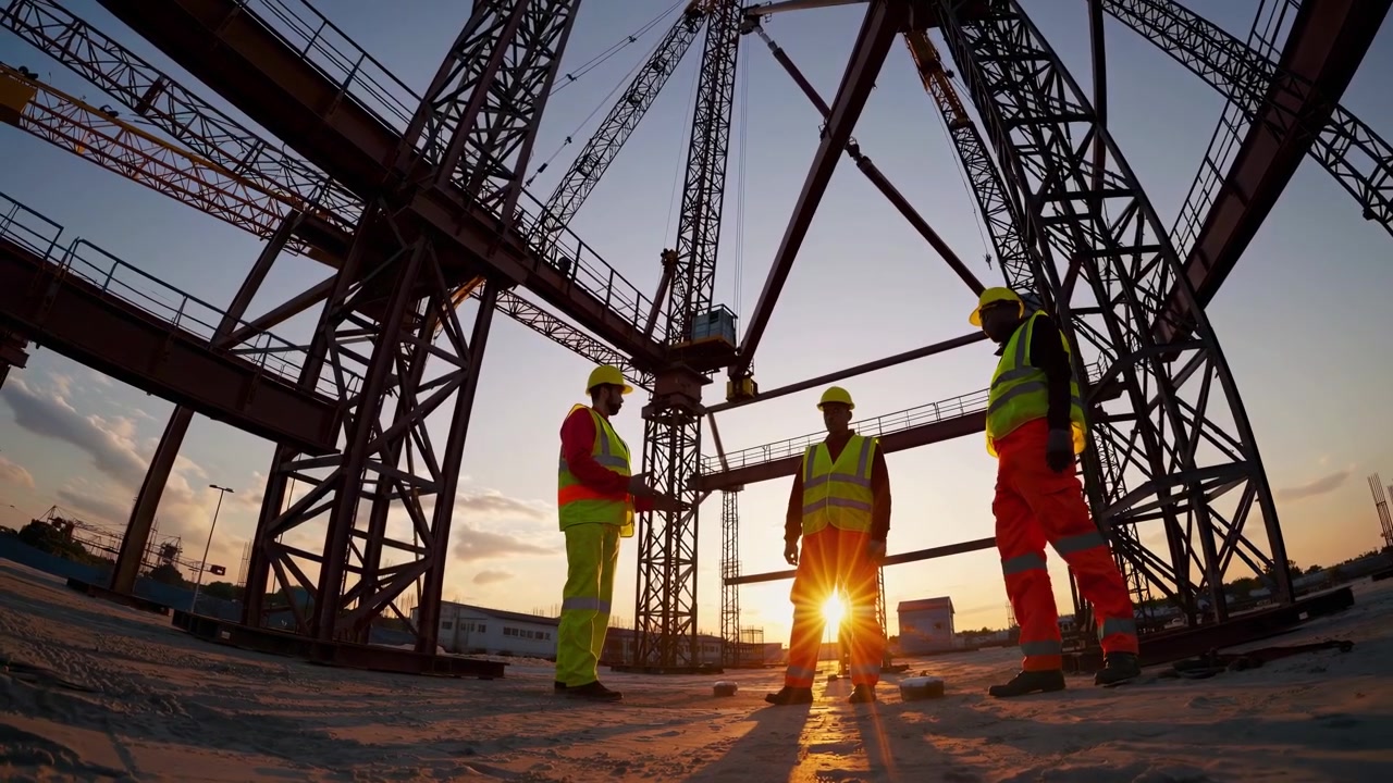 Construction Workers Discussing Plans on Site at Sunset
