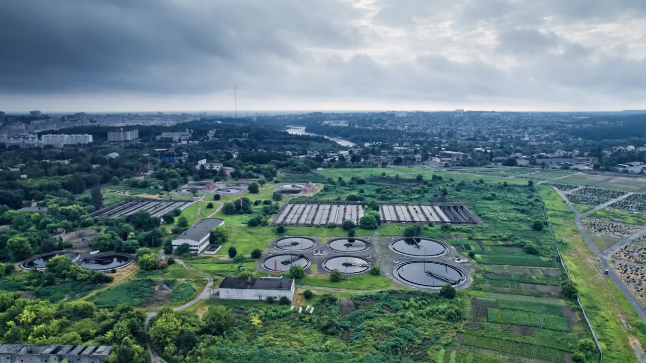 Aerial top view of sewage treatment plant