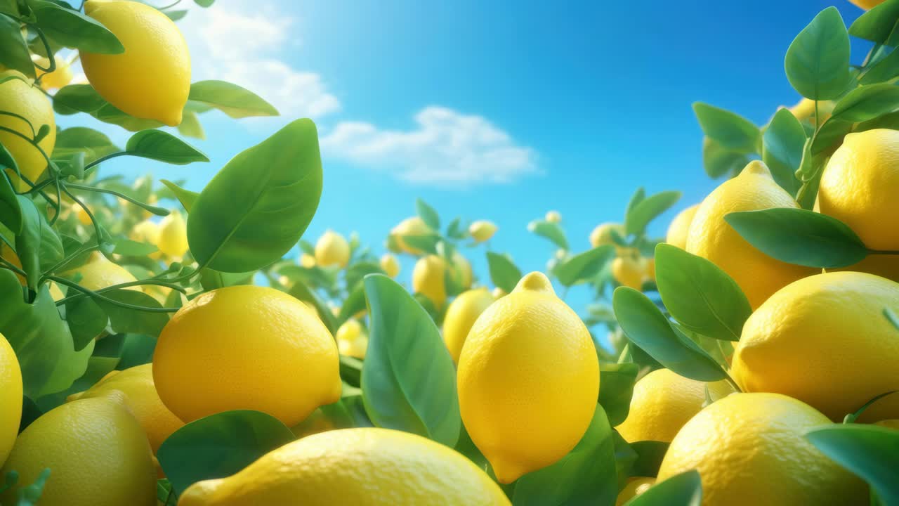 Fotogramma video vivido di limoni sugli alberi sotto un cielo azzurro