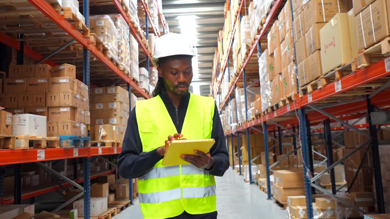 trabajador de almacén inspeccionando el inventario con una tableta