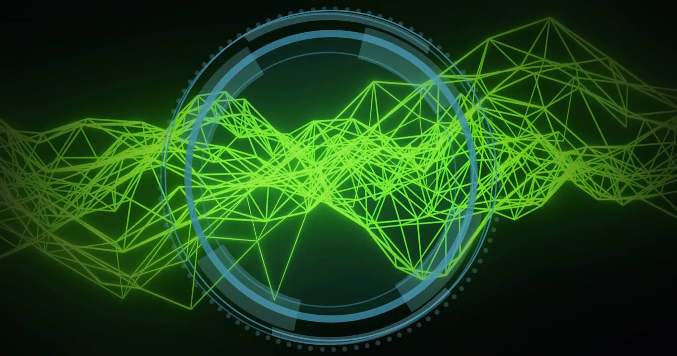 Neon green mesh moving, circular HUD growing from center, locking and scanning for DATA PROTECTION