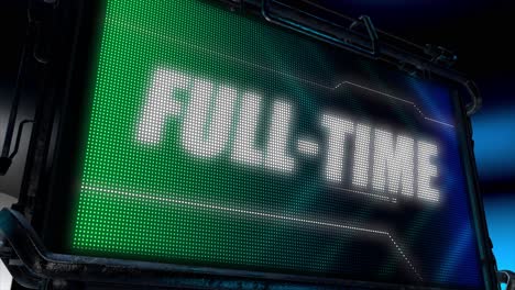 3d animated motion graphics design of a hi tech screen flashing a lightboard style sports title card, in classic blue and green color scheme, with animated chevrons and the bold full-time caption