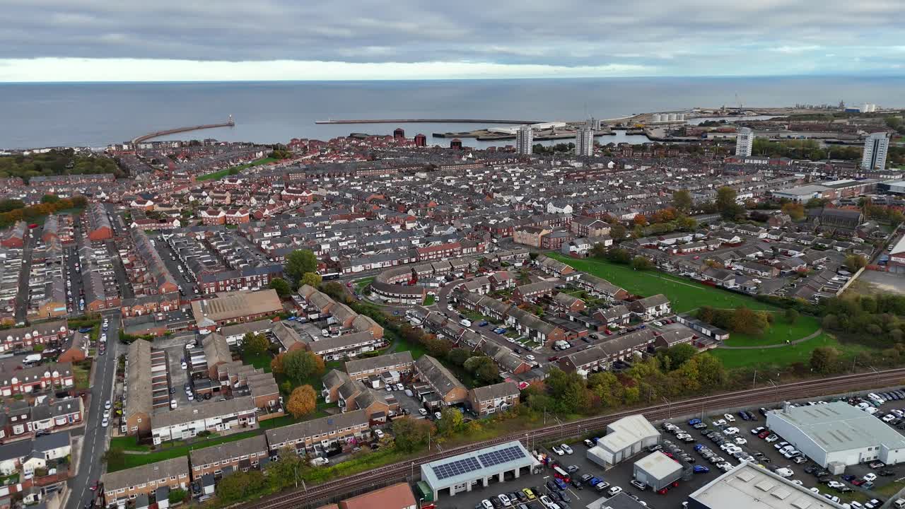 Aerial drone view sunderland north east england uk tyne and wear wearside british english town city fulwell roker seaburn stadium of light