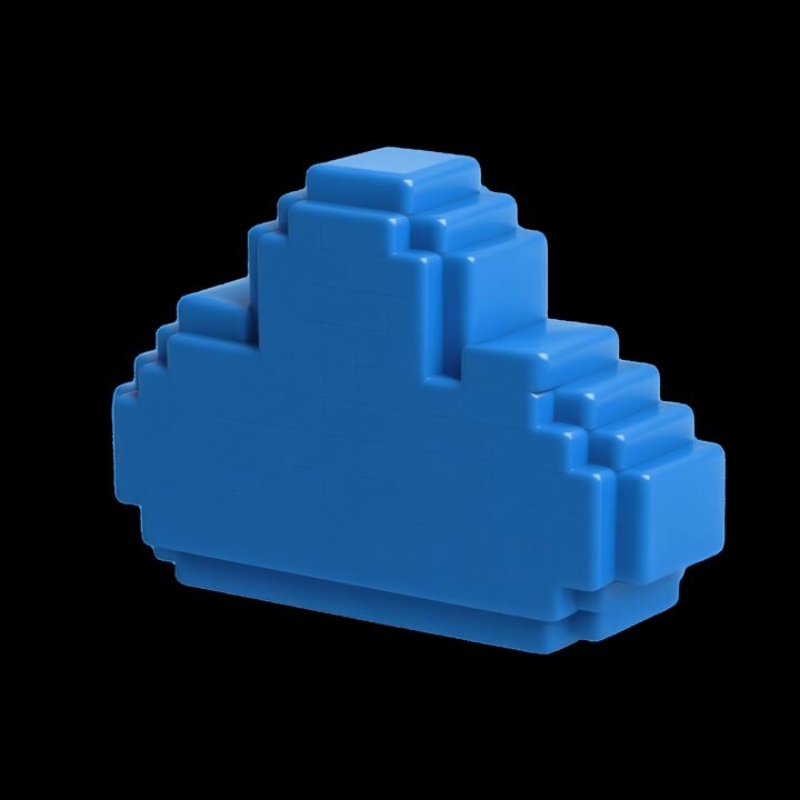 Rotating Blue Pixelated Cloud Icon on Black Background