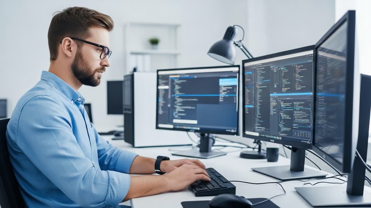 A focused programmer diligently coding at his computer workstation, surrounded by multiple monitors displaying lines of code and programming projects in a modern office setting