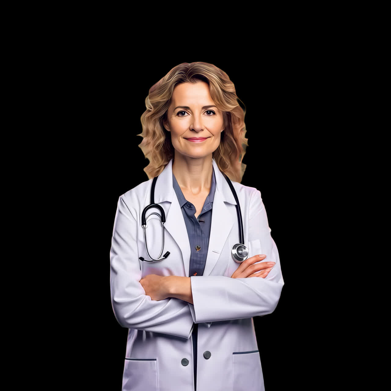 Kendine güvenen kadın doktor portre animasyonu izole edilmiş kaynak, şeffaf 4K video, alfa kanalı