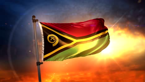 la bandera de vanuatu retroiluminada en un hermoso ciclo de amanecer en cámara lenta 4k