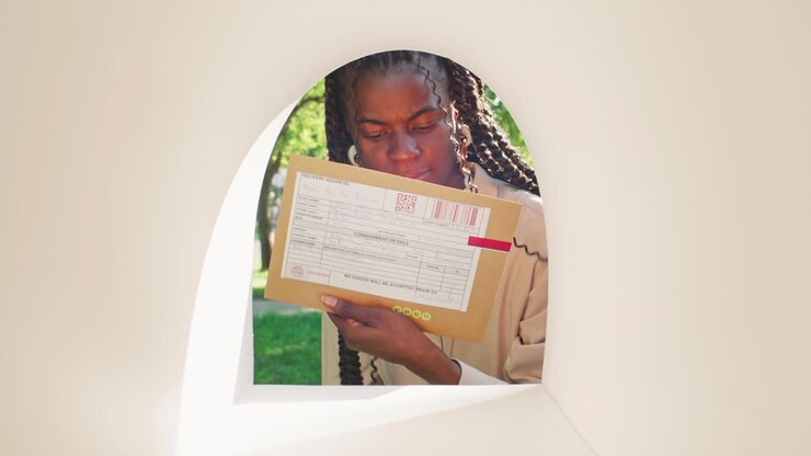 Giovane donna afroamericana che prende una busta dalla cassetta postale in un parco