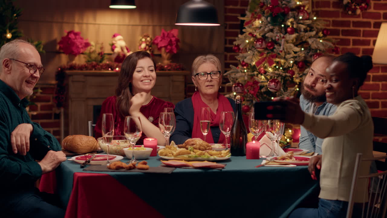 Family celebrating Christmas with a festive dinner