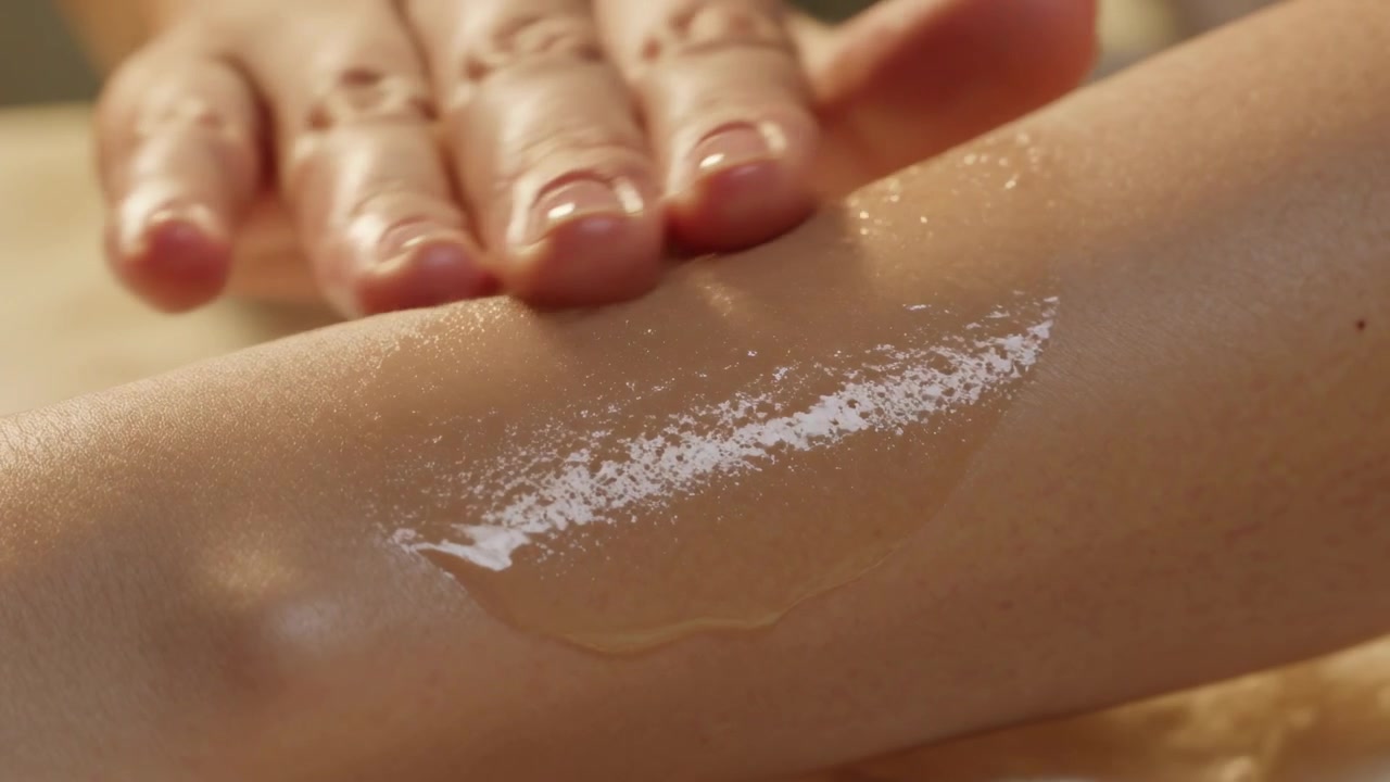 Aplicando con la mano un gel brillante suavizante a lo largo del antebrazo sobre una toalla de spa, tras la aplicación del gel, dejando un brillo.