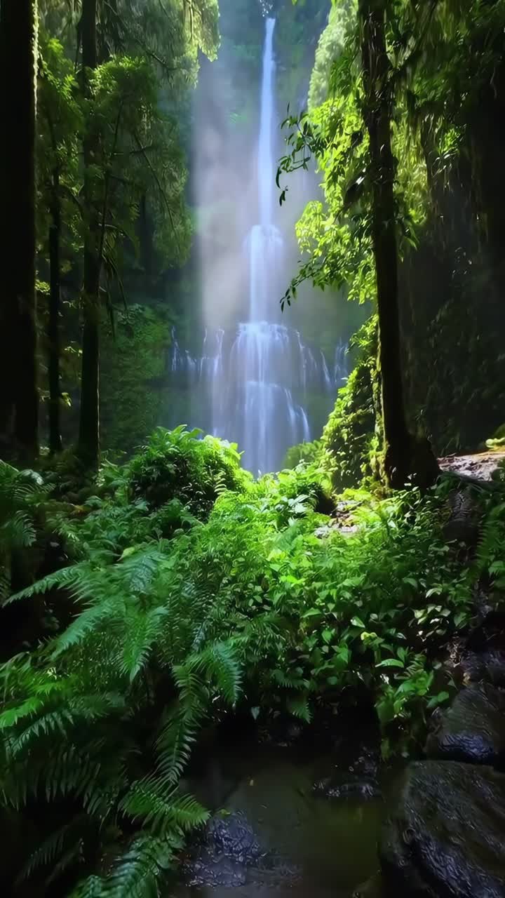 Cascata in una foresta lussureggiante ripresa dal basso, creando una sensazione video serena e coinvolgente