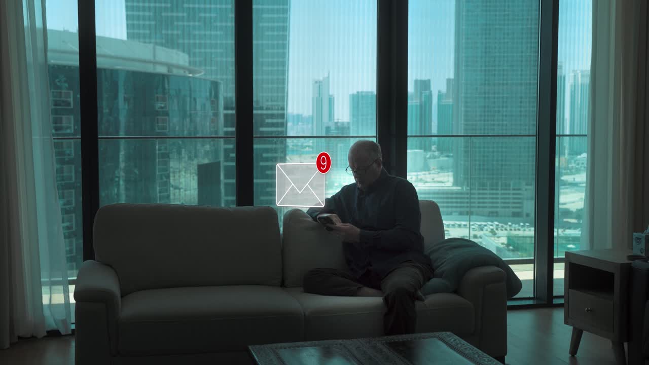 Senior man in a city apartment receiving emails on a smart device - animated concept