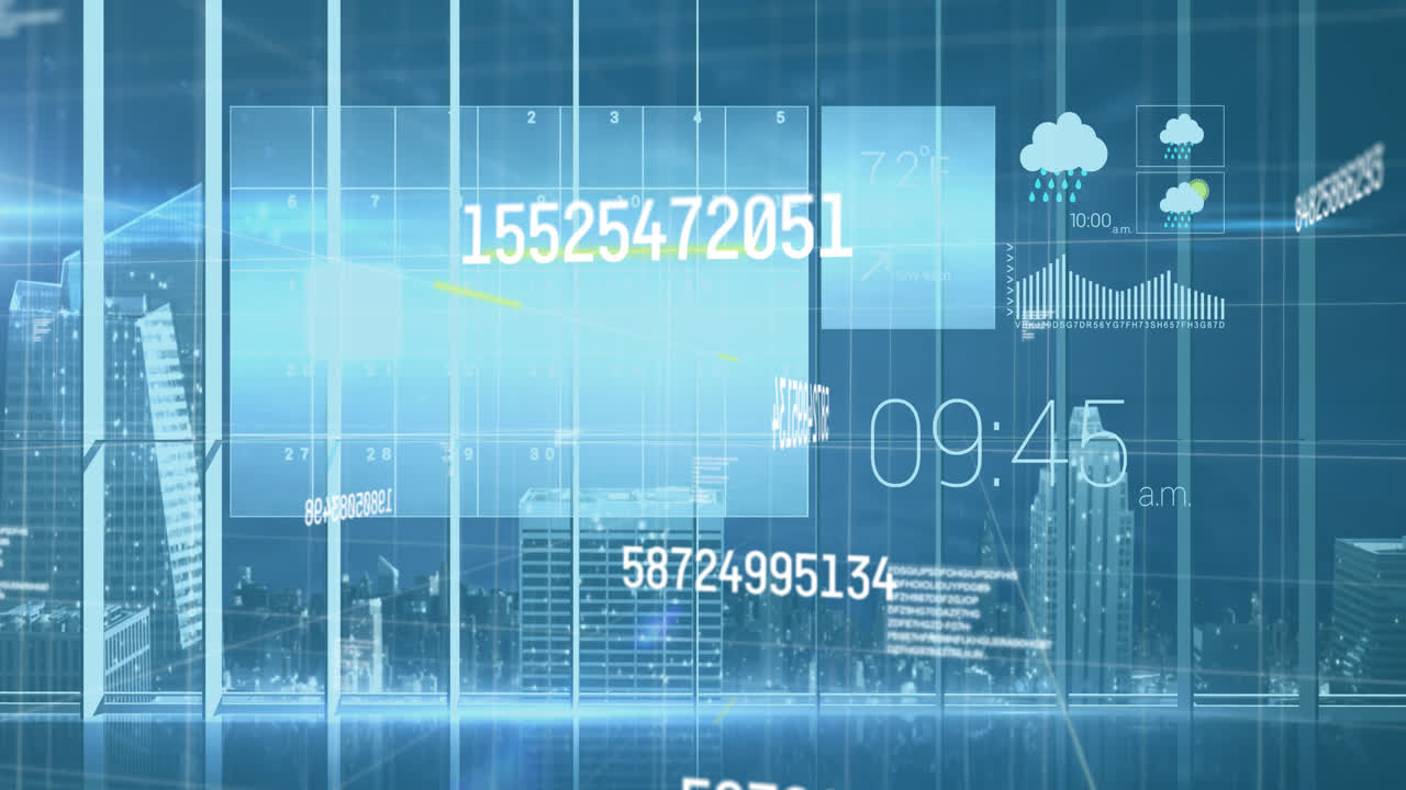 Animation of numbers floating with weather icons over 3d model of a city