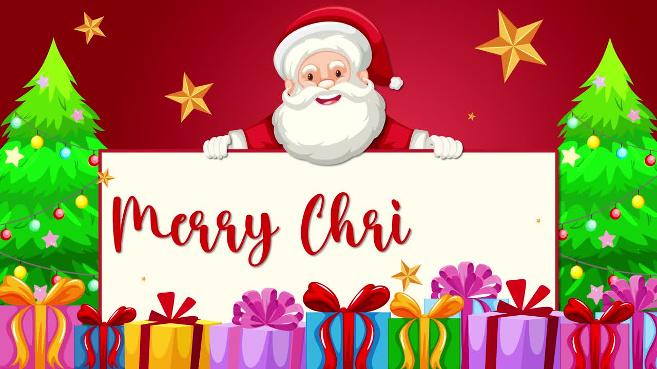 산타클로스가 메리 크리스마스 배너를 공개하고 있습니다.