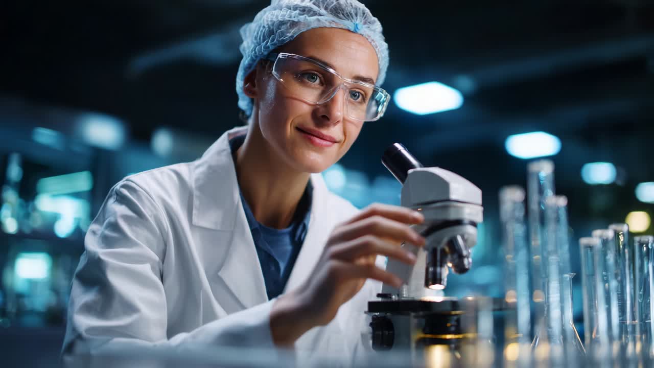 A Focused Researcher Conducting Experiments with a Microscope in a Modern Laboratory Setting, Using Precise Techniques to Analyze Samples and Gather Data for Scientific Discoveries