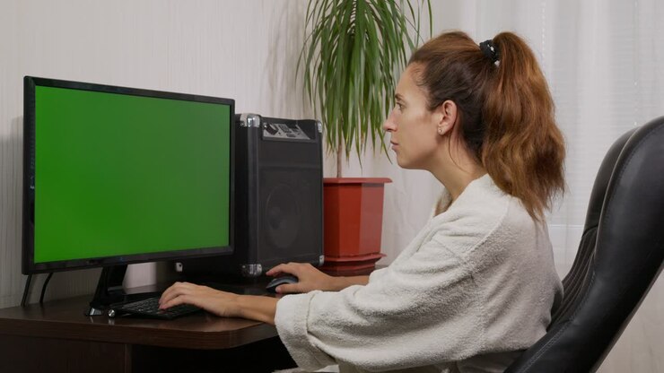 Aufnahme einer Frau, die im Homeoffice auf einer Laptoptastatur tippt, mit Greenscreen. Eine Homeoffice-Person nutzt einen Laptop mit Chroma Key Greenscreen.