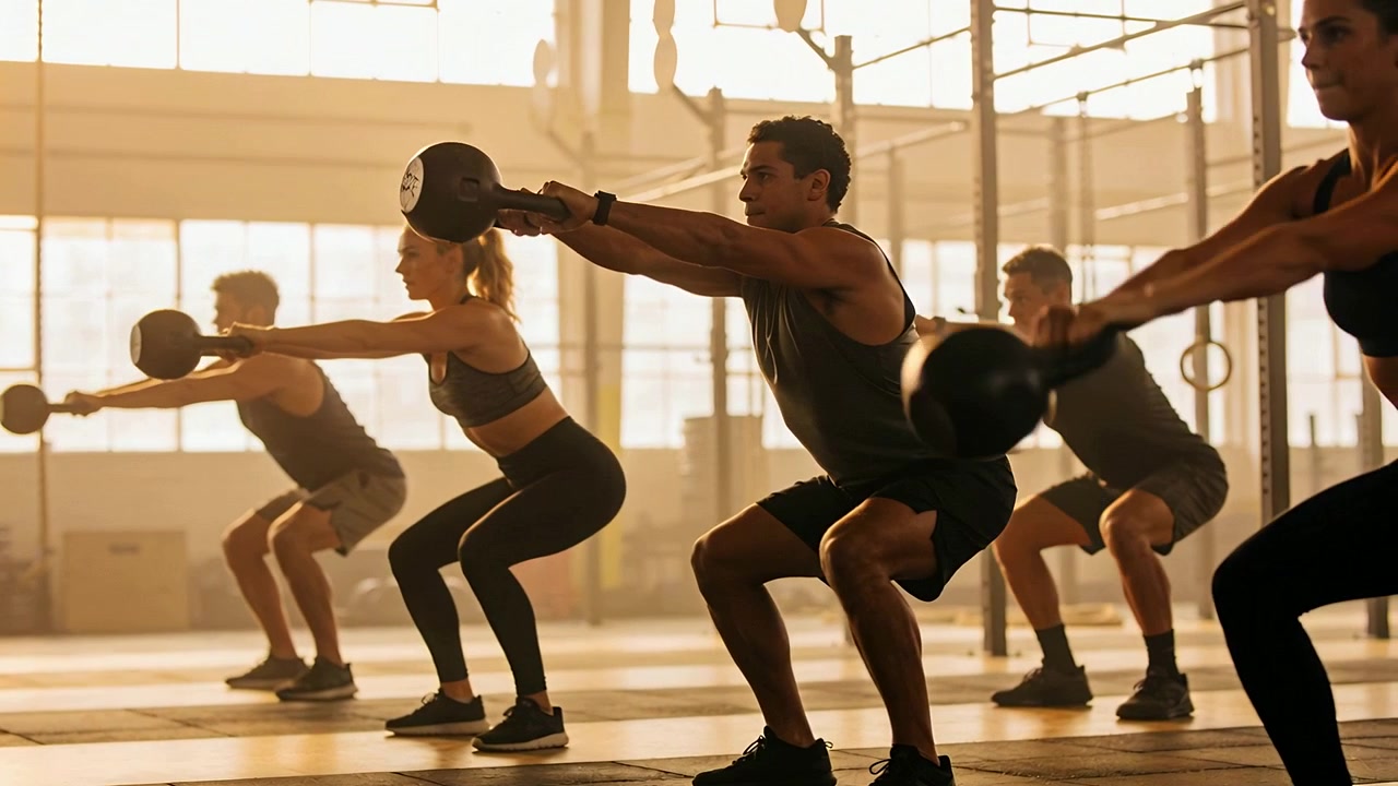Uomo che esegue su comando swing con kettlebell in una palestra industriale, con un tracker da polso e in abbigliamento da allenamento.