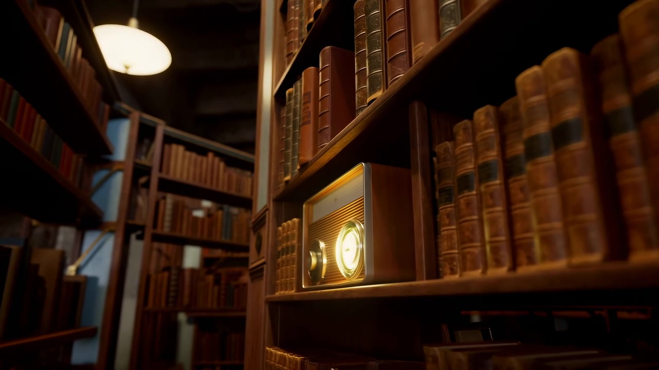 Cinematic library tracking shot focusing on vintage radio amid leatherbound books in warm