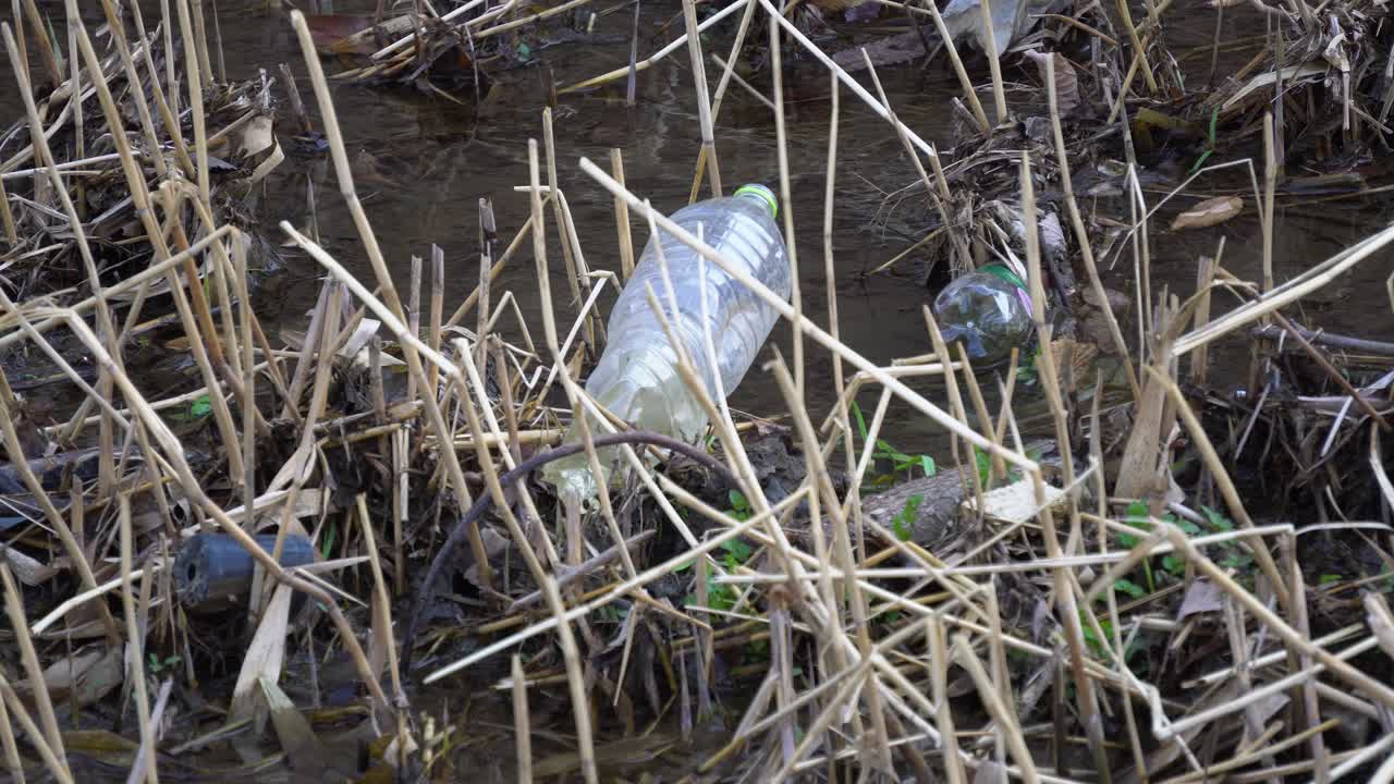 한국 서울 양재천의 플라스틱 병으로 뒤덮인 얕은 개울 - 클로즈업