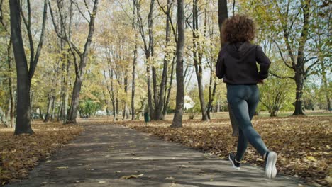 vista trasera de una mujer pelirroja corriendo en el parque en otoño