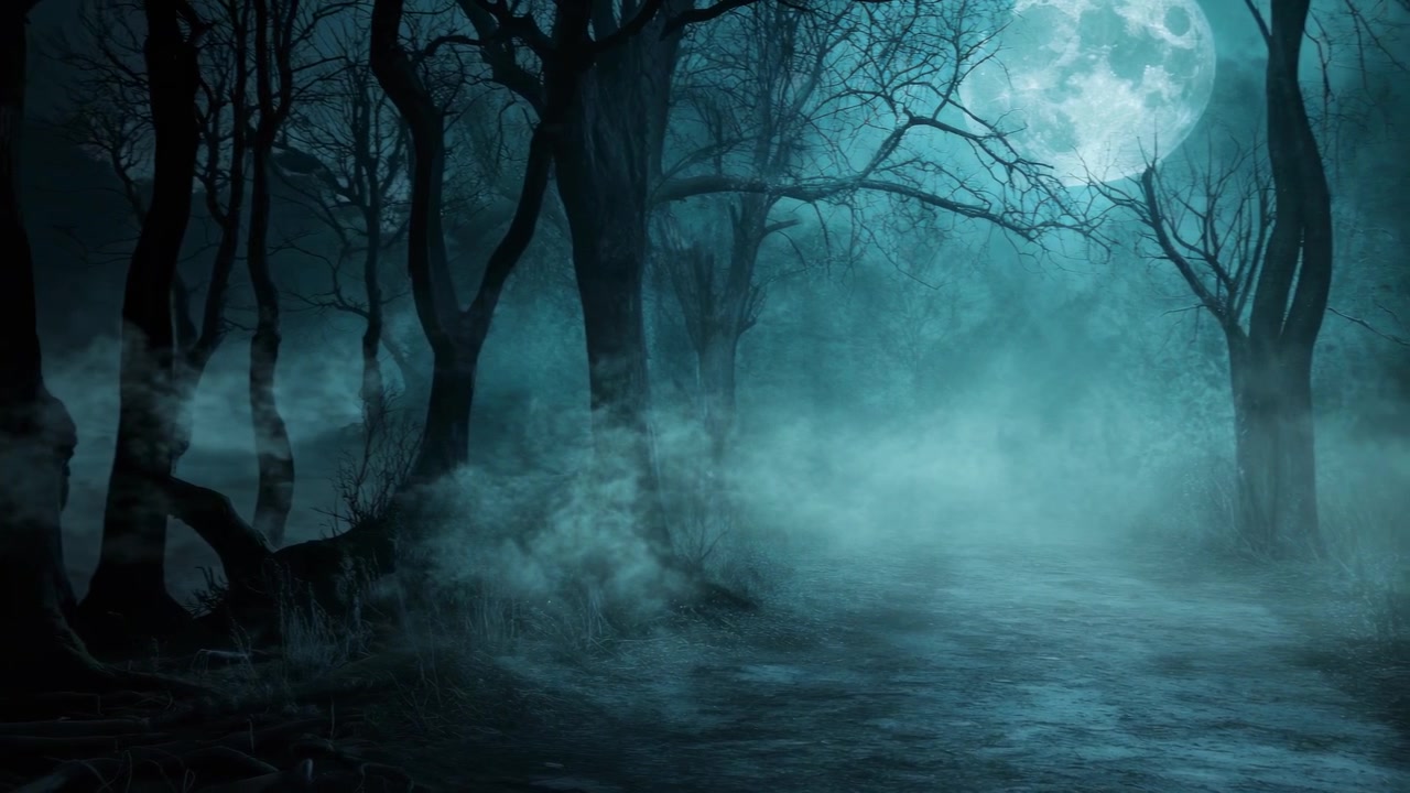 Spooky Forest Path with Full Moon and Eerie Fog at Night