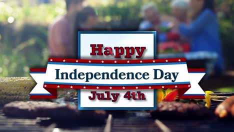 colorful confetti falling over independence day text against family having lunch outdoors