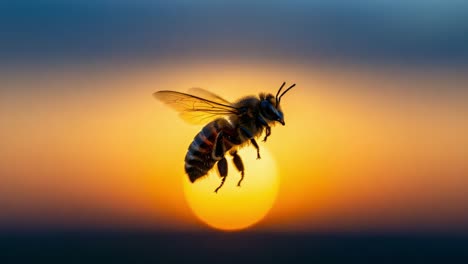 A Stunning Close-Up of a Bee in Flight Against a Dramatic Sunset Background, Showcasing Nature's Intricacies and the Beauty of Pollination