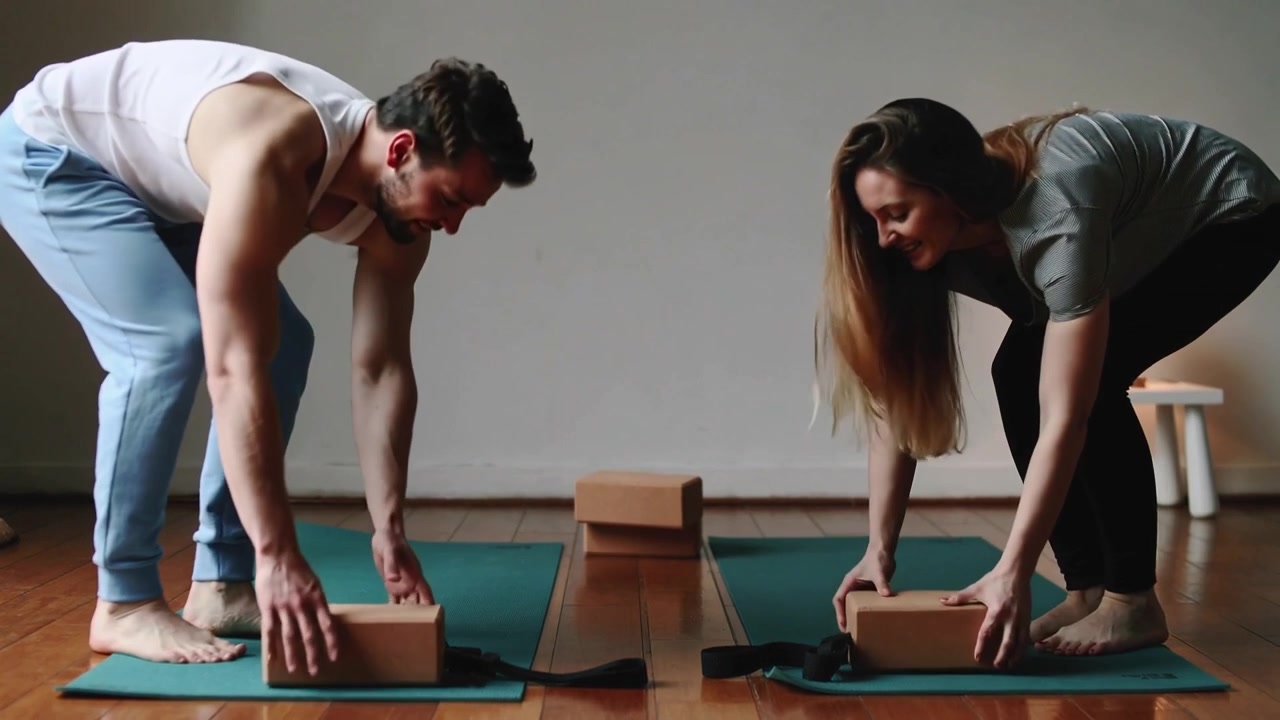 Una coppia l'uno di fronte all'altra in abbigliamento da allenamento, che allena l'equilibrio su tappetini domestici, sollevando blocchi con cinghie.