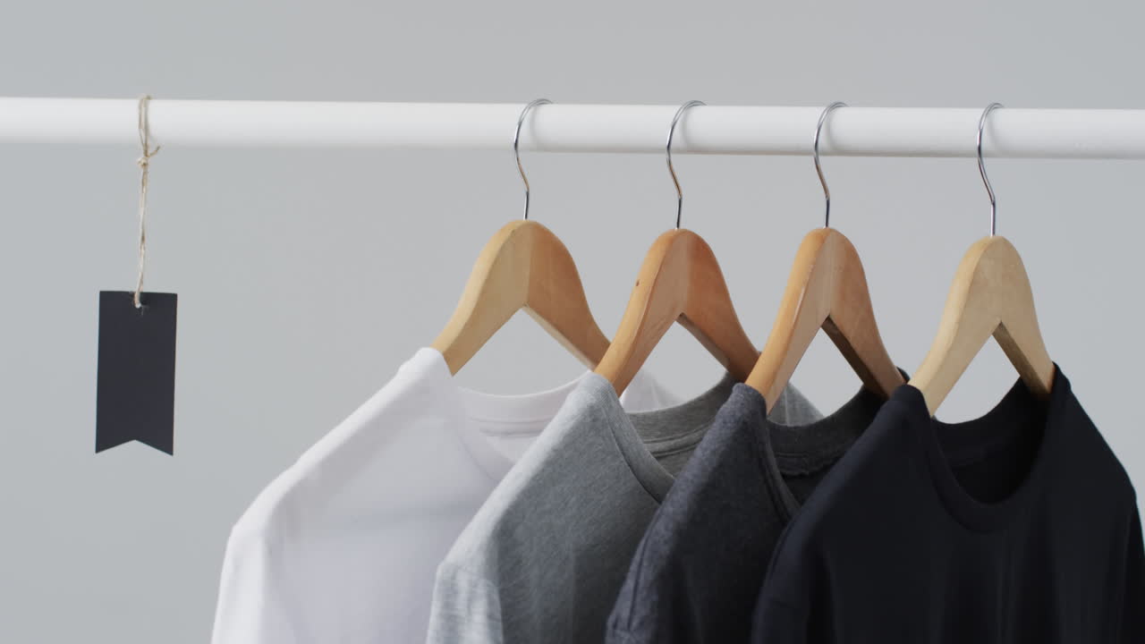 Video of four t shirts on hangers and copy space on white background