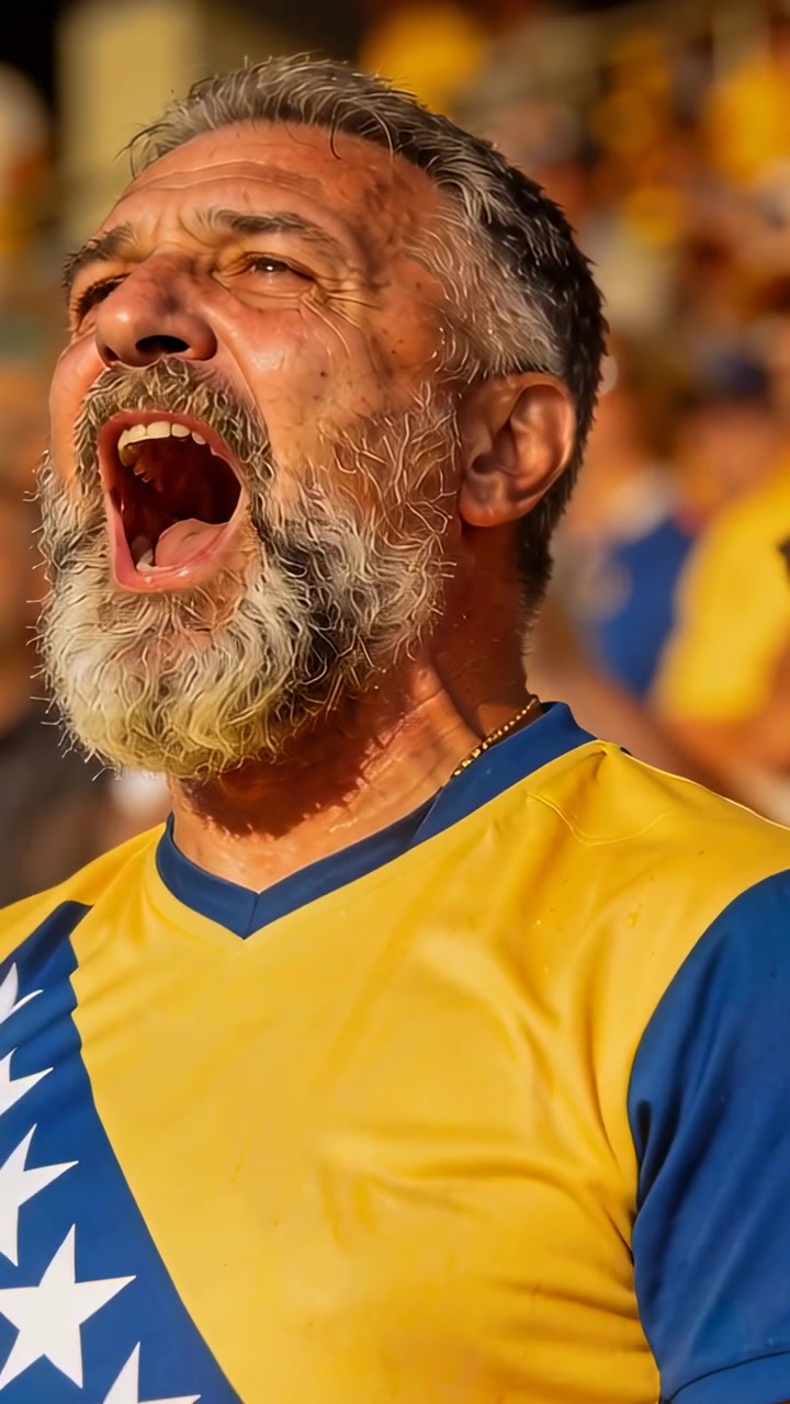 Video vertical: Aficionado masculino gritando en las gradas, vistiendo una camiseta amarilla y azul, coreando después de que su equipo anota.