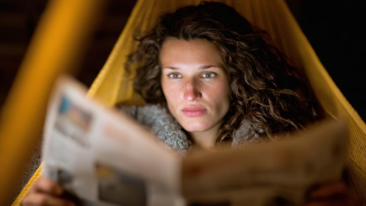 A contemplative moment captured in a cozy hammock, as a woman engrossed in reading a newspaper. The soft lighting highlights her thoughtful expression while the world outside fades away