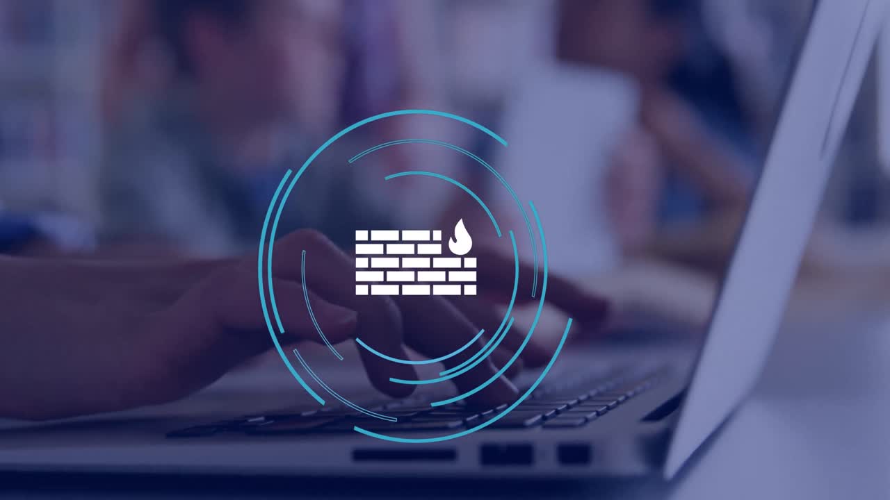 animación del icono de la pared sobre mujer de negocios caucásica usando portátil en la oficina