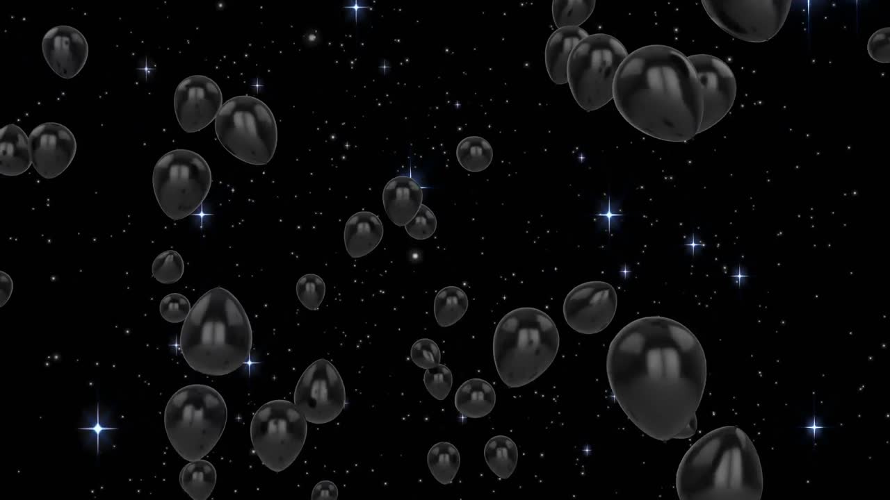 Animation af sorte balloner flyvende over stjerner
