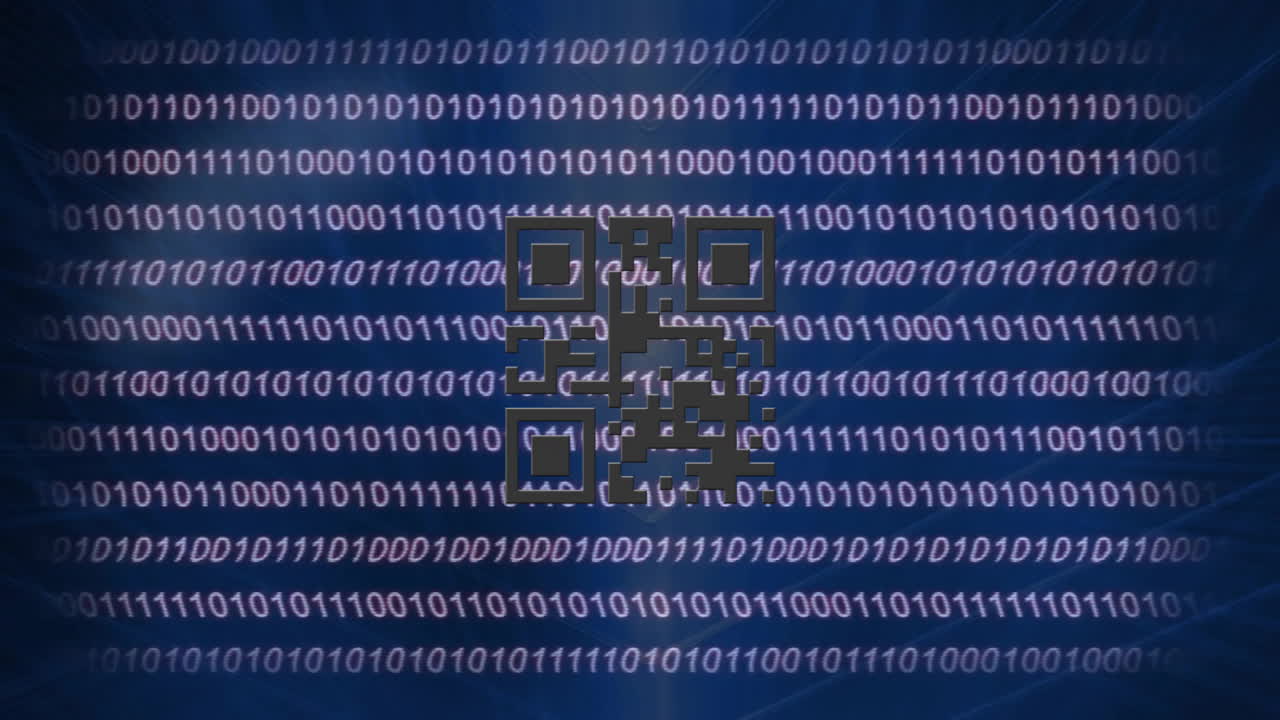 Animation of qr code and binary coding data processing over black background