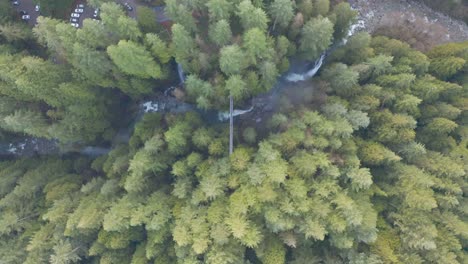 Birds-eye-view-drone-shot-of-person-standing-on-Lynn-Canyon-suspension-bridge-in-North-Vancouver