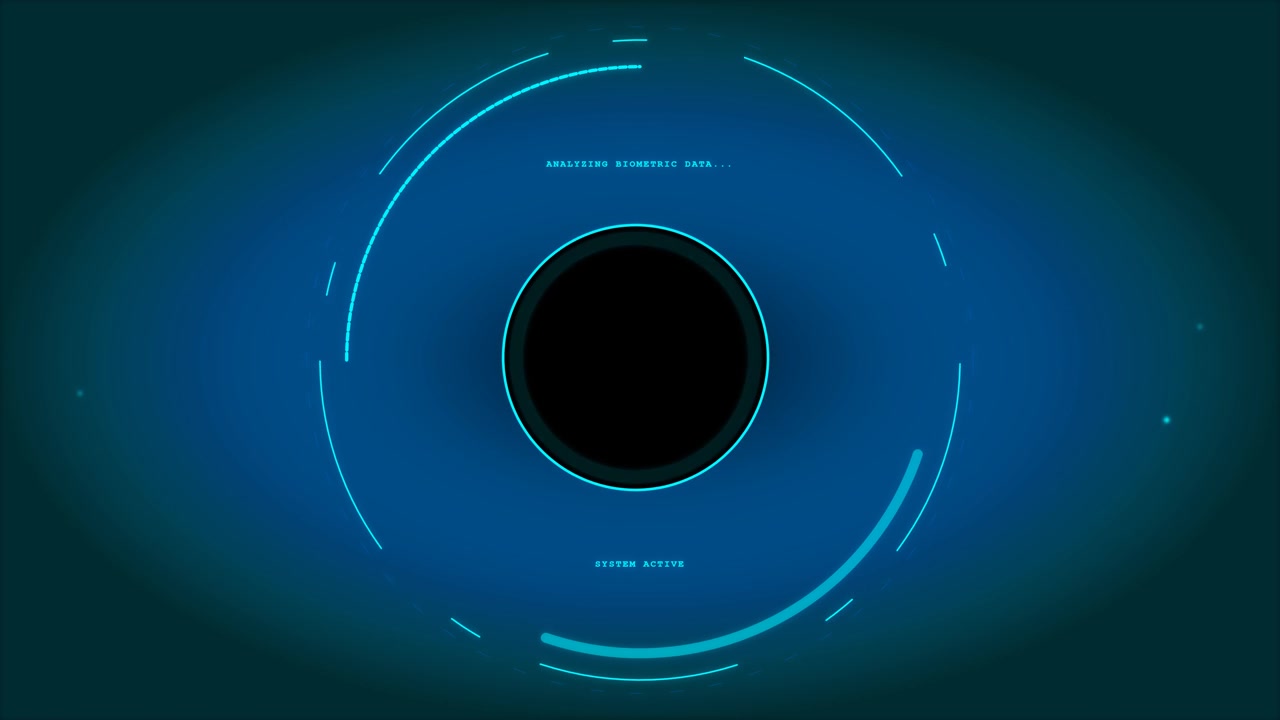 Futuristic Biometric Data Analysis Interface with Rotating Circular HUD