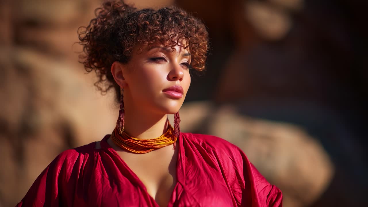Elegant portret van een vrouw in een levendige rode outfit met aardse achtergrond, waarbij natuurlijke schoonheid en stijlvolle accessoires in zachte belichting worden benadrukt