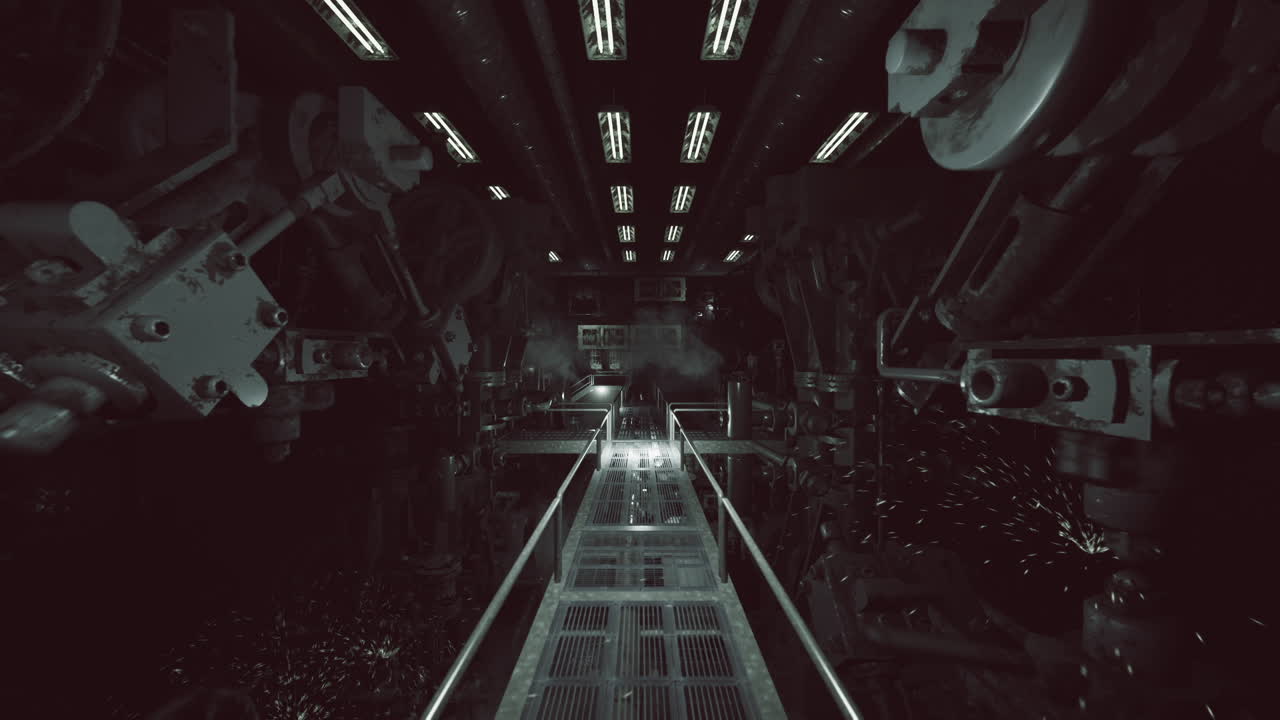 Mysterious industrial corridor with illuminated pathway in a futuristic setting