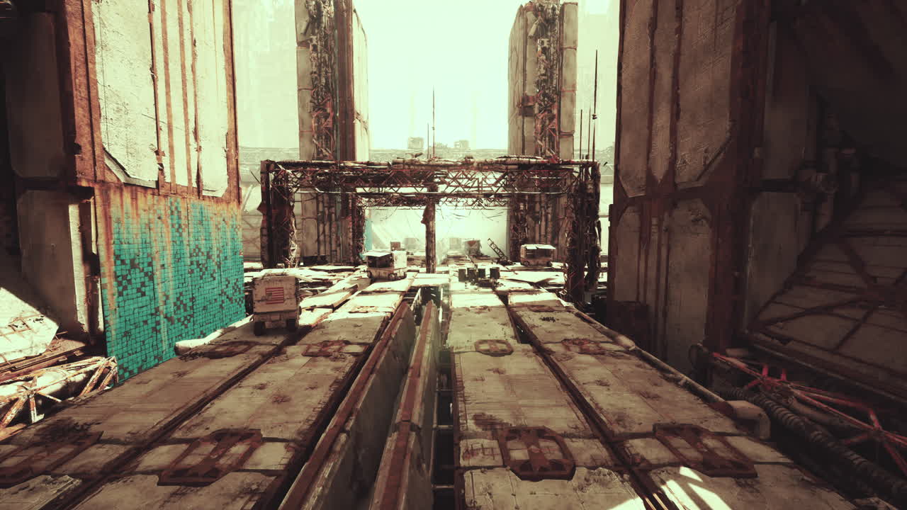 Desolate railway pathway featuring graffiti and weathered infrastructure scenes