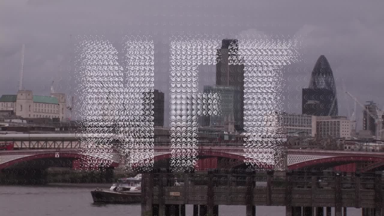 런던 시내 풍경 위의 nft 텍스트 및 데이터 처리 애니메이션