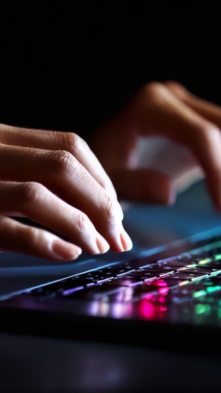 Mani concentrate che digitano su una tastiera di un laptop con luci colorate vivaci che illuminano i tasti in un ambiente scarsamente illuminato, mettendo in mostra l'arte dell'interazione digitale