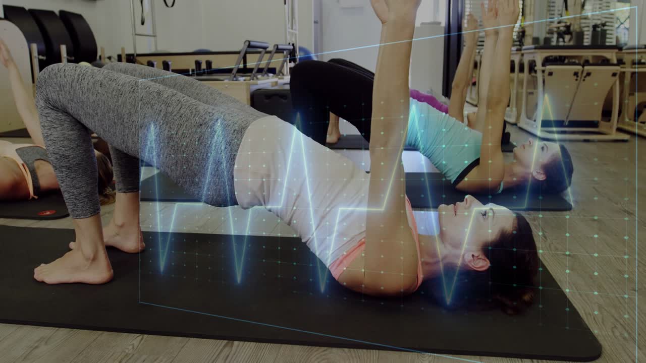 Front woman performing glute bridge for core strength after class cue in pilates, waveform grid