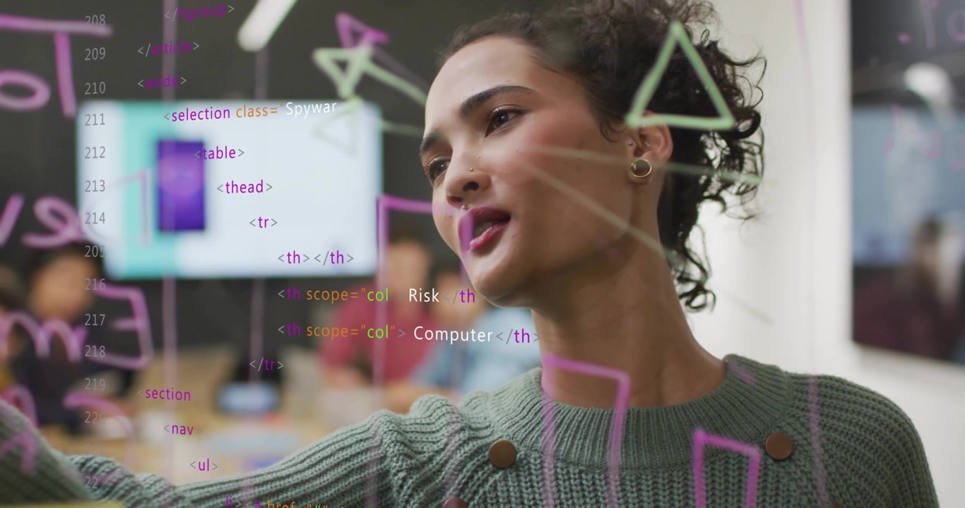 Presenter picking neon marker and sketching network diagrams on glass in security with pulsing code
